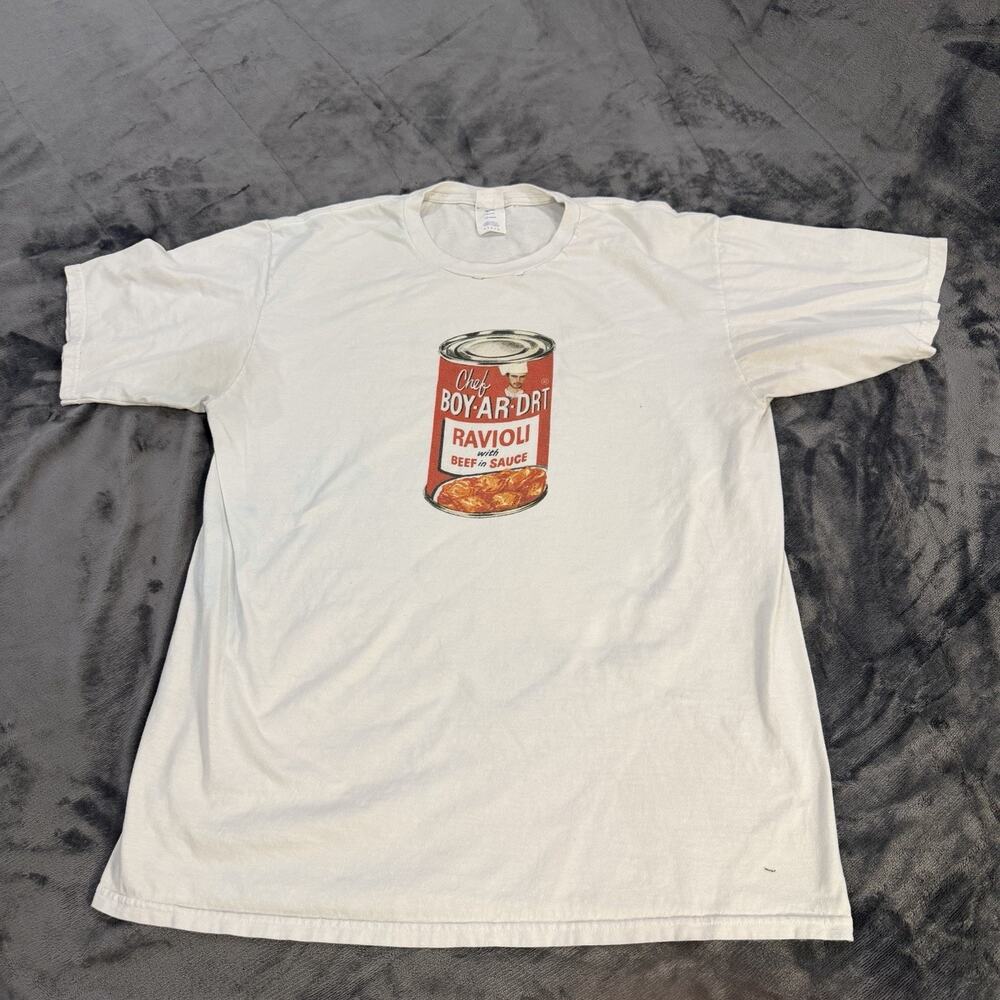 Port & Company Men Chef Boy-Ar-Drt Graphic T-Shirt White Sz L VTG Retro Used